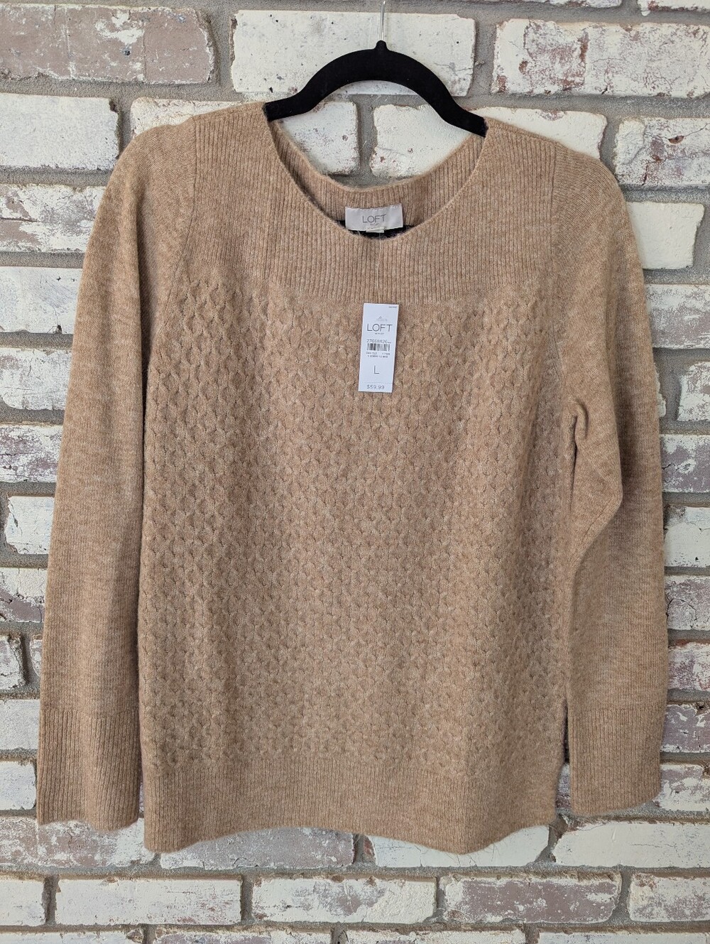 NWT LOFT Camel Diamond Pattern Crewneck Sweater